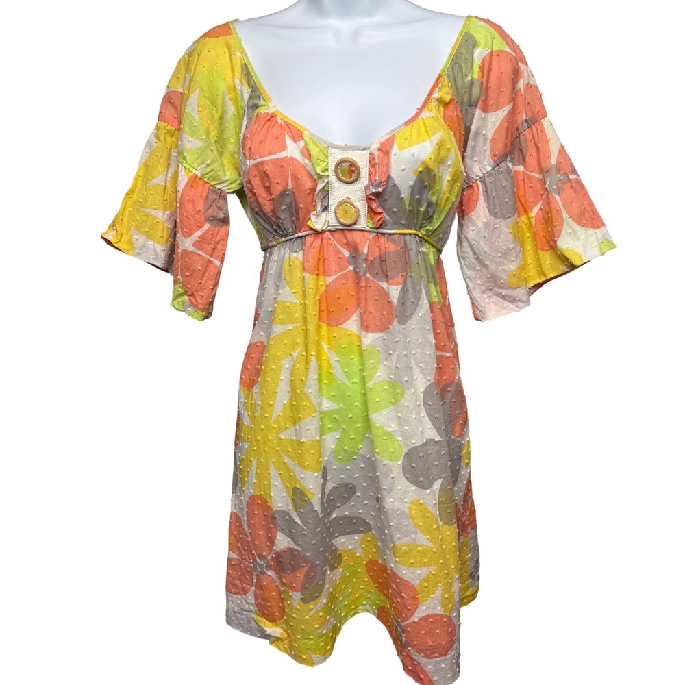 LAROK Womens Multicolor Floral Swiss Dot Mini Dress XS Boho Babydoll Girly Chic